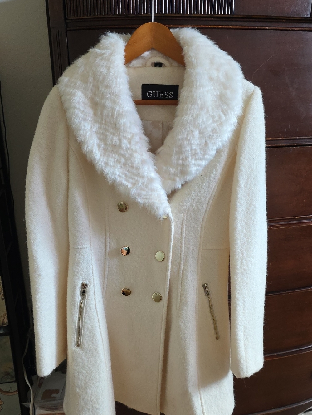 GUESS Cream Double-Breasted Pea Coat with Faux-Fur Collar